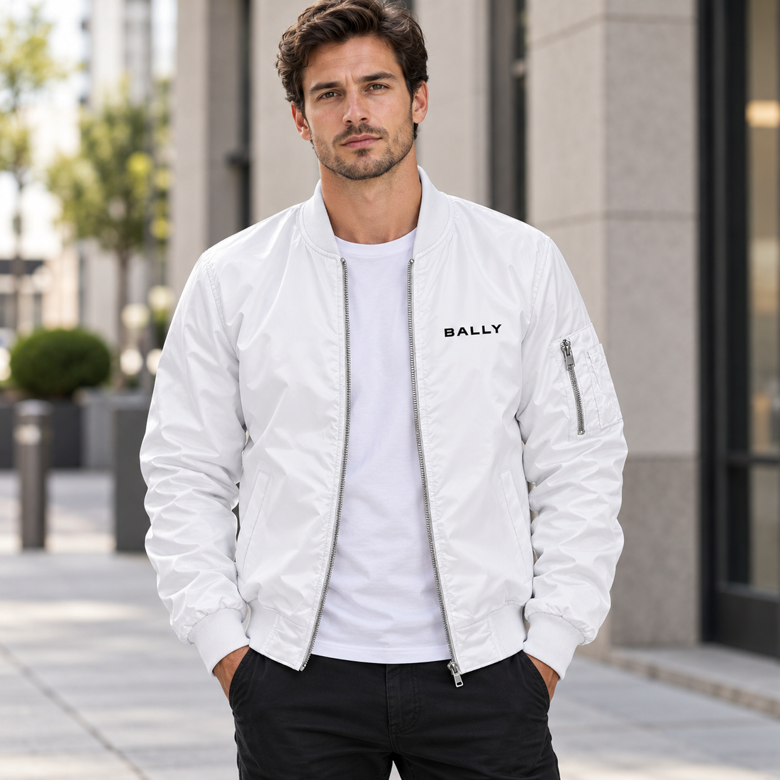 Men's Bally Lightweight Bomber Jacket Windbreaker Softshell Varsity Jacket Coat | Color: White | View 1