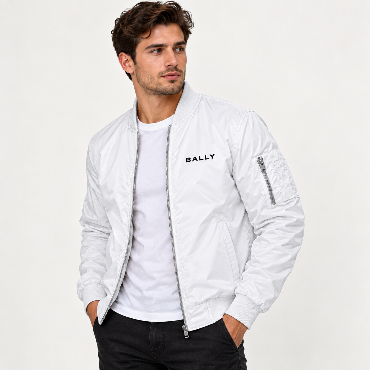 Men's Bally Lightweight Bomber Jacket Windbreaker Softshell Varsity Jacket Coat | Color: White | View 2