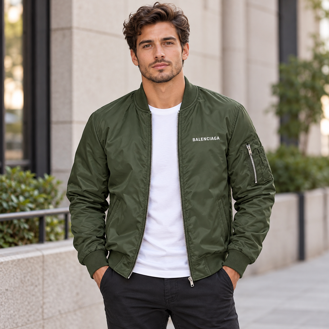 Men's Balenciaga Lightweight Bomber Jacket Windbreaker Softshell Varsity Jacket Coat | Color: Army Green | View 1