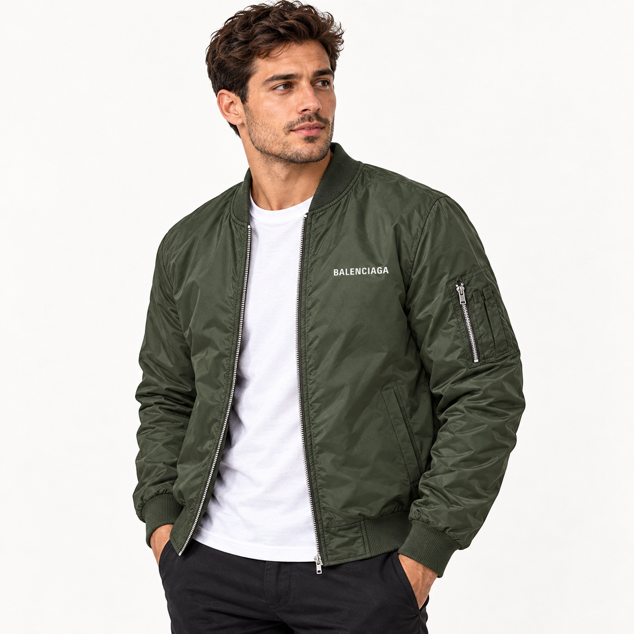 Men's Balenciaga Lightweight Bomber Jacket Windbreaker Softshell Varsity Jacket Coat | Color: Army Green | View 2