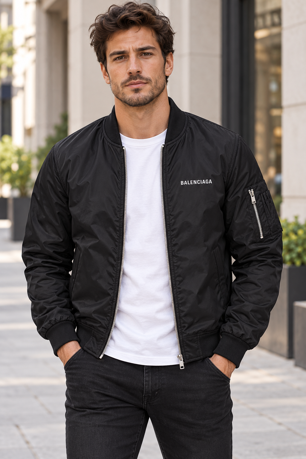 Men's Balenciaga Lightweight Bomber Jacket Windbreaker Softshell Varsity Jacket Coat | Color: Black | View 1