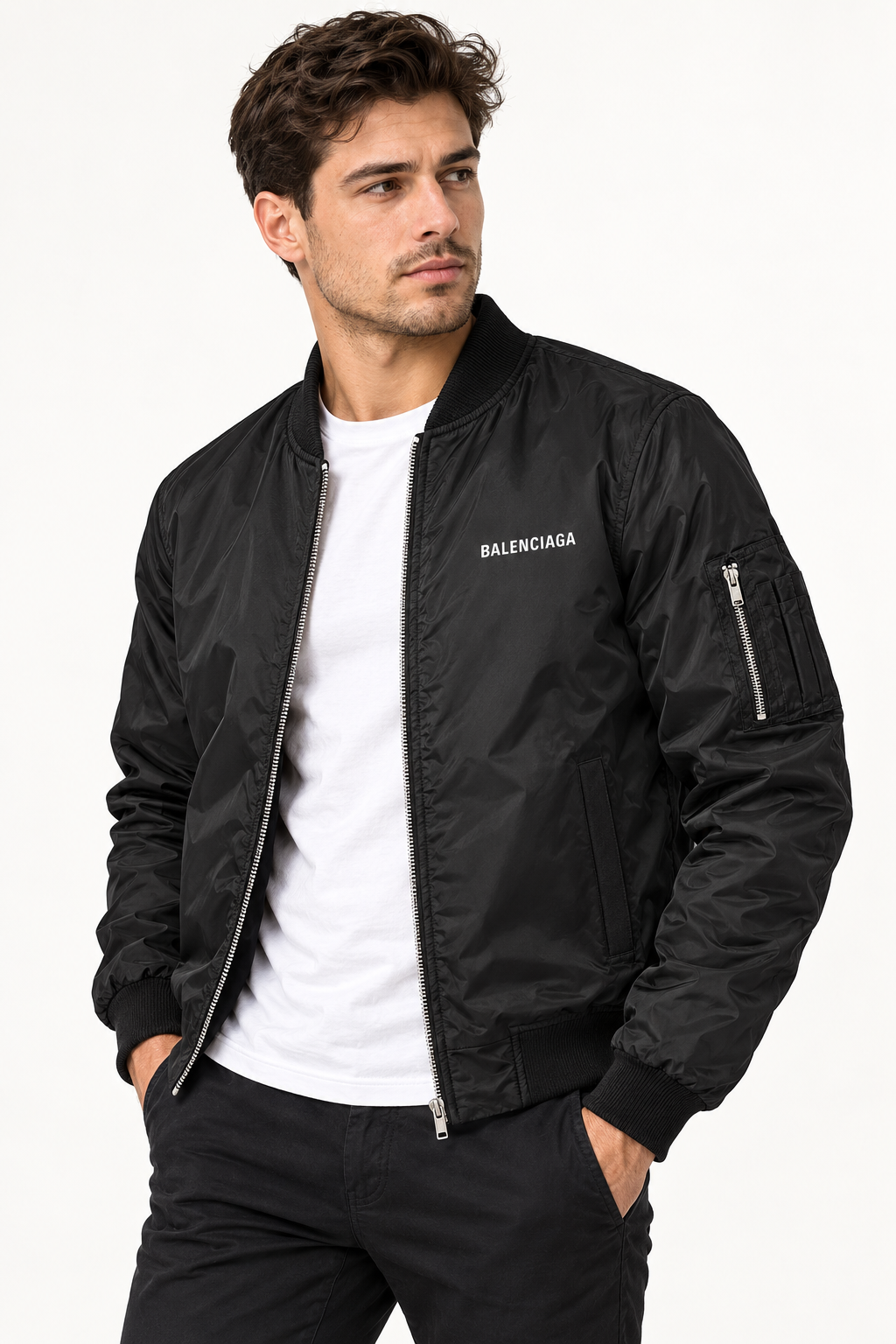Men's Balenciaga Lightweight Bomber Jacket Windbreaker Softshell Varsity Jacket Coat | Color: Black | View 2