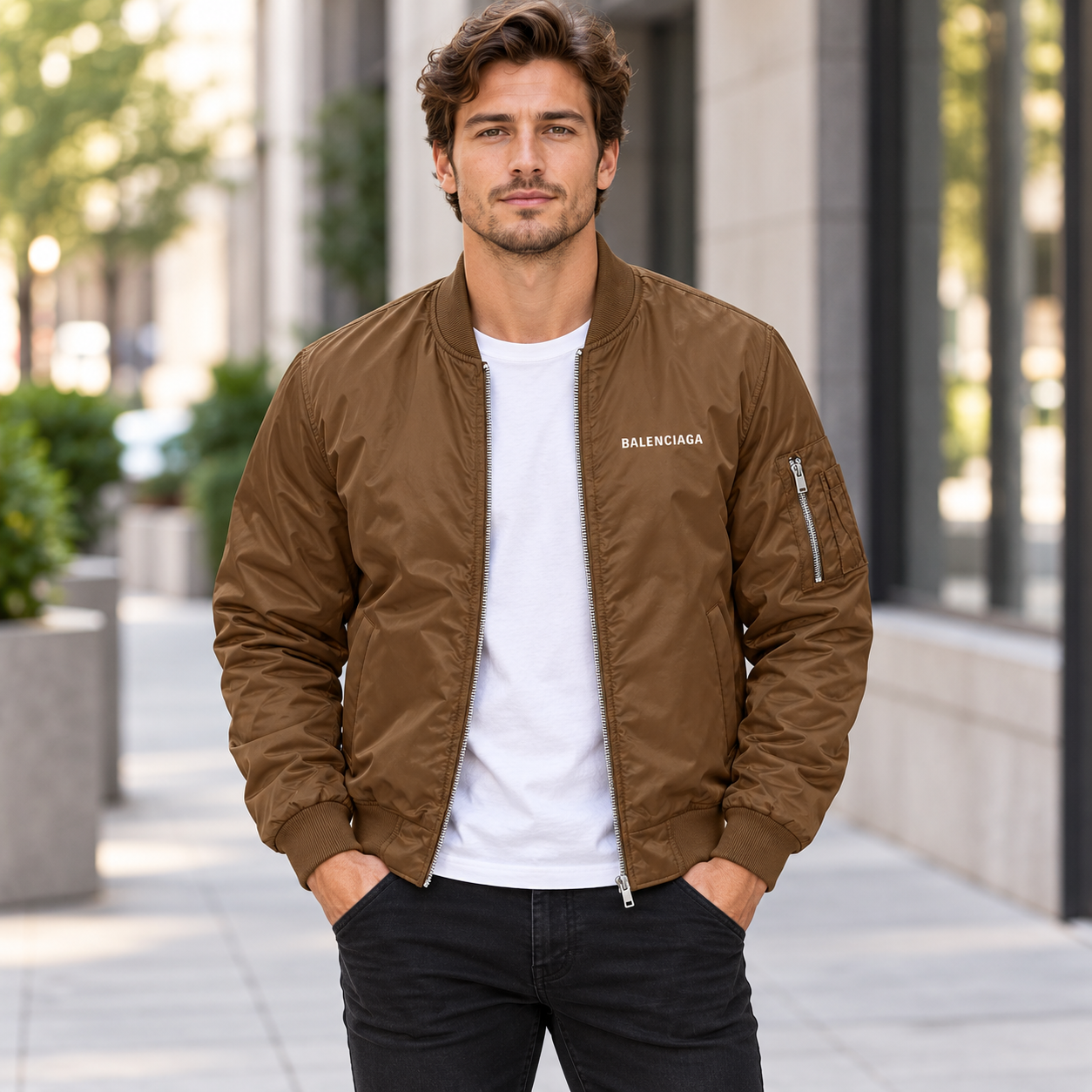 Men's Balenciaga Lightweight Bomber Jacket Windbreaker Softshell Varsity Jacket Coat | Color: Brown | View 1
