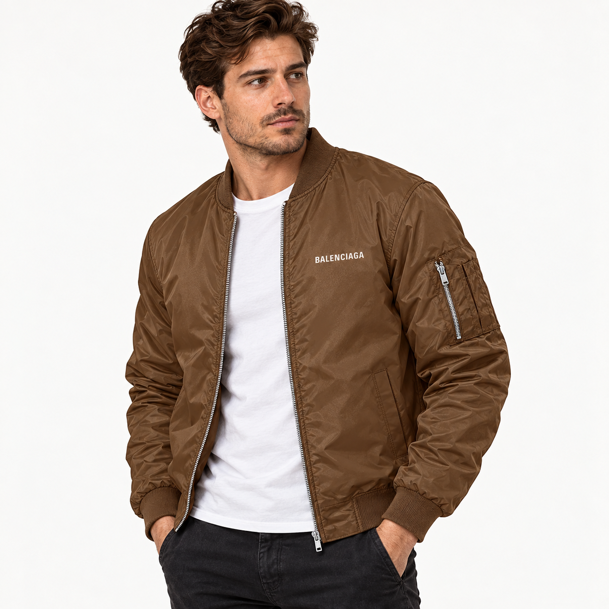 Men's Balenciaga Lightweight Bomber Jacket Windbreaker Softshell Varsity Jacket Coat | Color: Brown | View 2