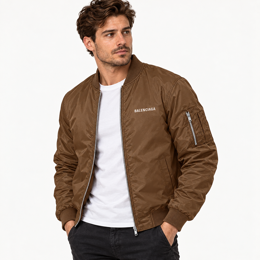 Men's Balenciaga Lightweight Bomber Jacket Windbreaker Softshell Varsity Jacket Coat | Color: Brown | View 2