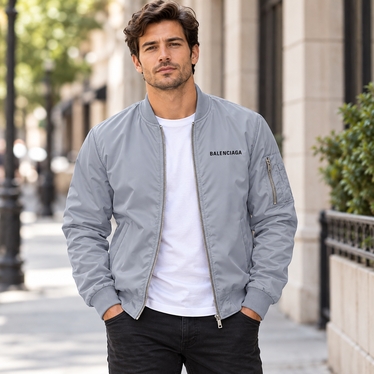 Men's Balenciaga Lightweight Bomber Jacket Windbreaker Softshell Varsity Jacket Coat | Color: Grey | View 1