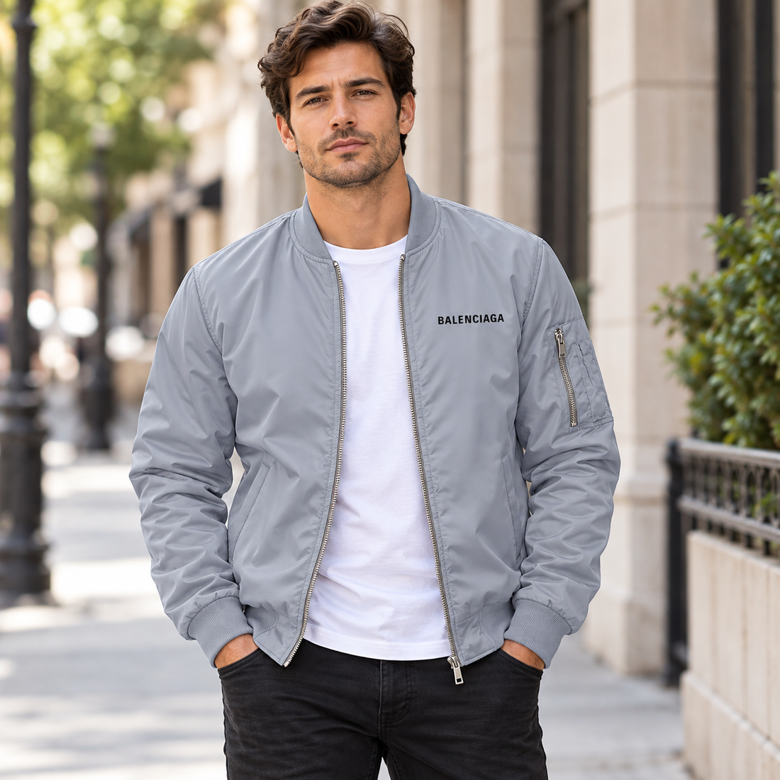 Men's Balenciaga Lightweight Bomber Jacket Windbreaker Softshell Varsity Jacket Coat | Color: Grey | View 1