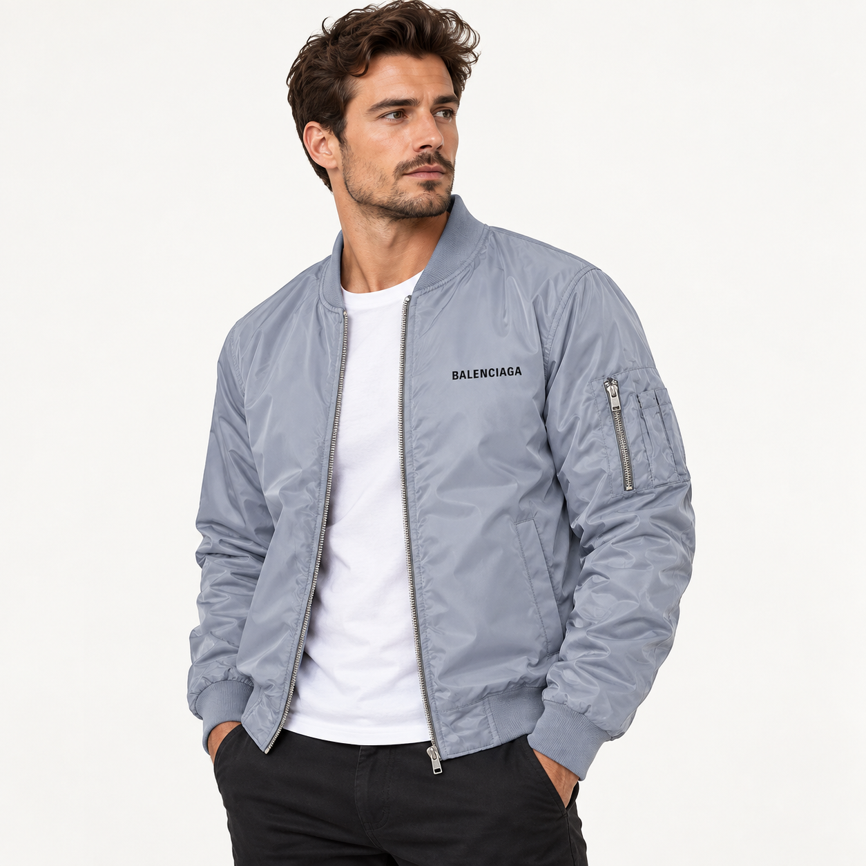 Men's Balenciaga Lightweight Bomber Jacket Windbreaker Softshell Varsity Jacket Coat | Color: Grey | View 2