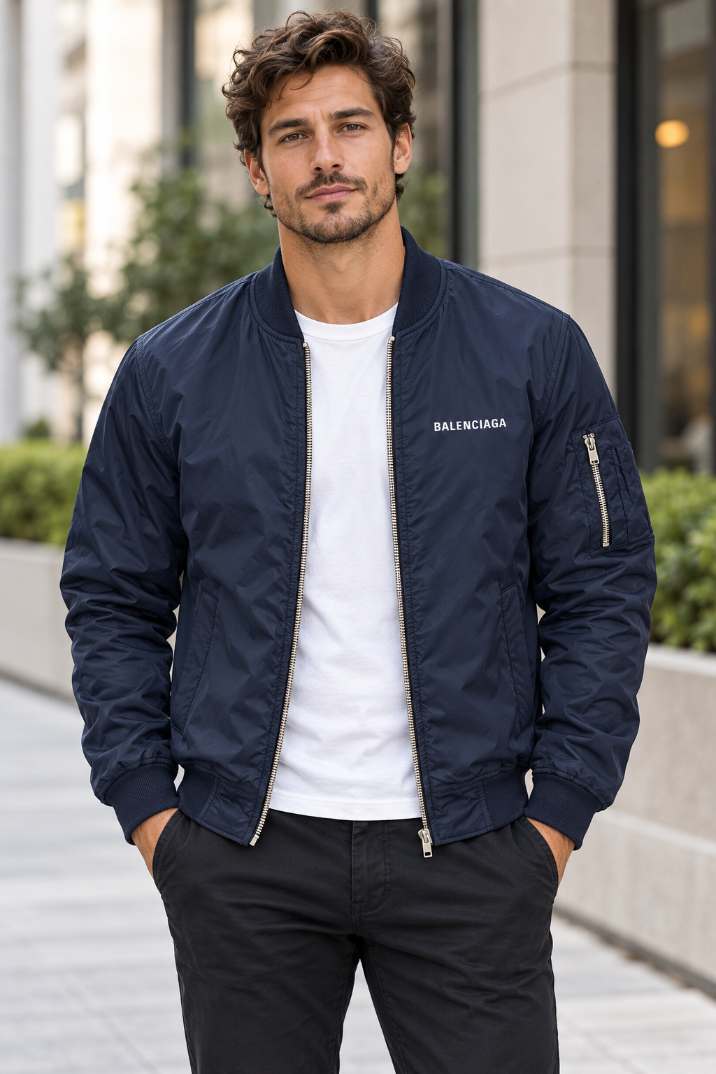 Men's Balenciaga Lightweight Bomber Jacket Windbreaker Softshell Varsity Jacket Coat | Color: Navy | View 1