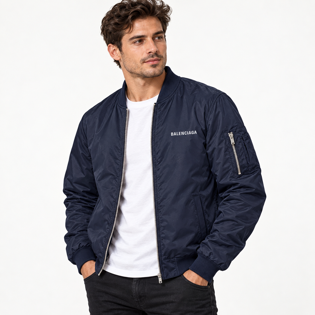 Men's Balenciaga Lightweight Bomber Jacket Windbreaker Softshell Varsity Jacket Coat | Color: Navy | View 2