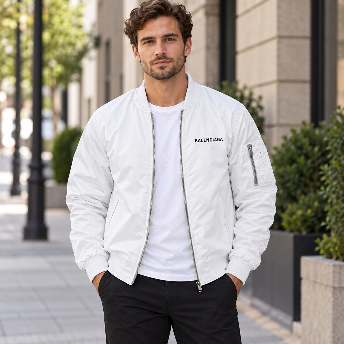Men's Balenciaga Lightweight Bomber Jacket Windbreaker Softshell Varsity Jacket Coat | Color: White | View 1