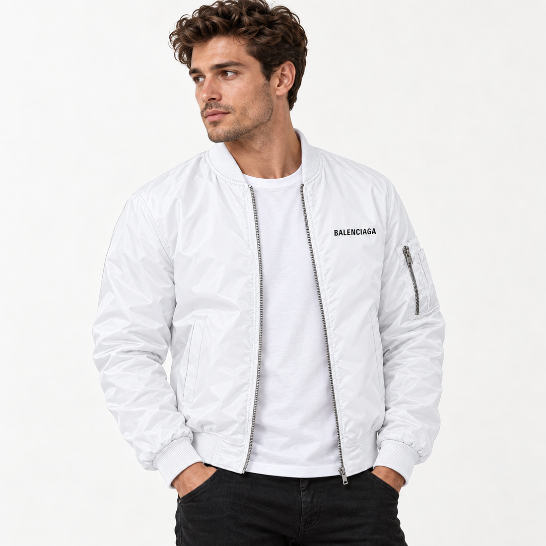 Men's Balenciaga Lightweight Bomber Jacket Windbreaker Softshell Varsity Jacket Coat | Color: White | View 2