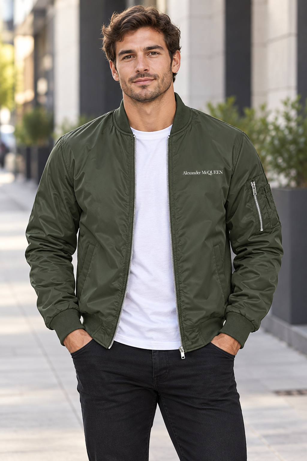 Men's Alexander McQueen Lightweight Bomber Jacket Windbreaker Softshell Varsity Jacket Coat | Color: Army Green | View 1
