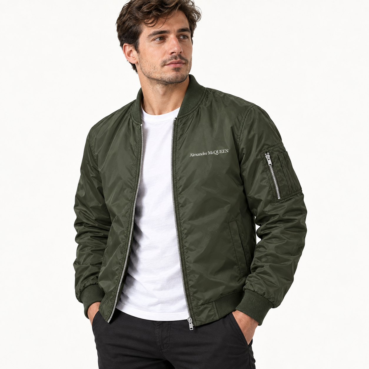 Men's Alexander McQueen Lightweight Bomber Jacket Windbreaker Softshell Varsity Jacket Coat | Color: Army Green | View 2