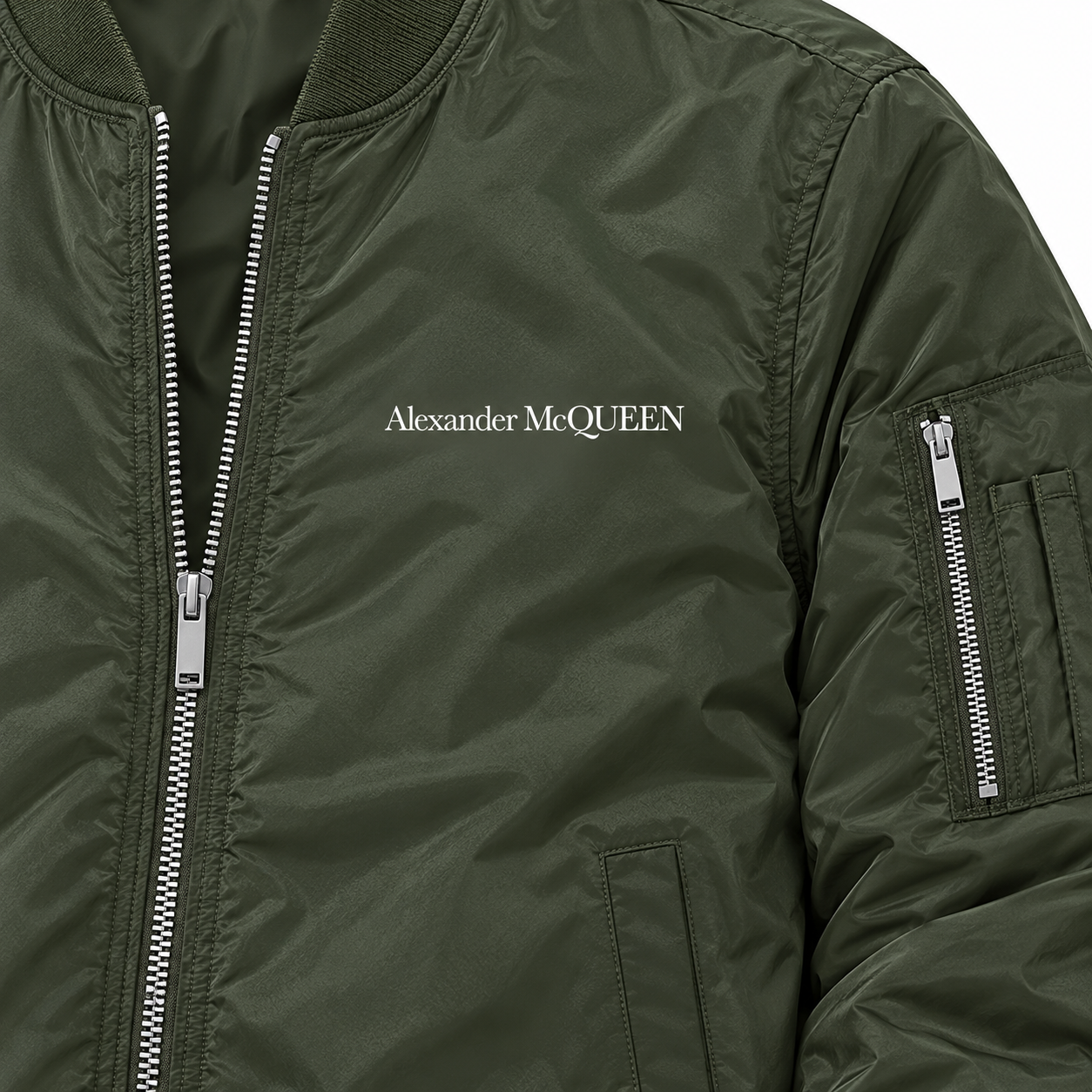 Men's Alexander McQueen Lightweight Bomber Jacket Windbreaker Softshell Varsity Jacket Coat | Color: Army Green | View 3