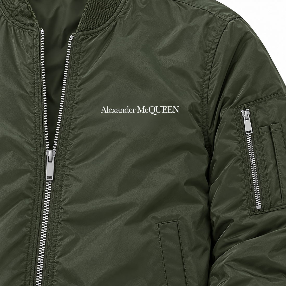 Men's Alexander McQueen Lightweight Bomber Jacket Windbreaker Softshell Varsity Jacket Coat | Color: Army Green | View 3