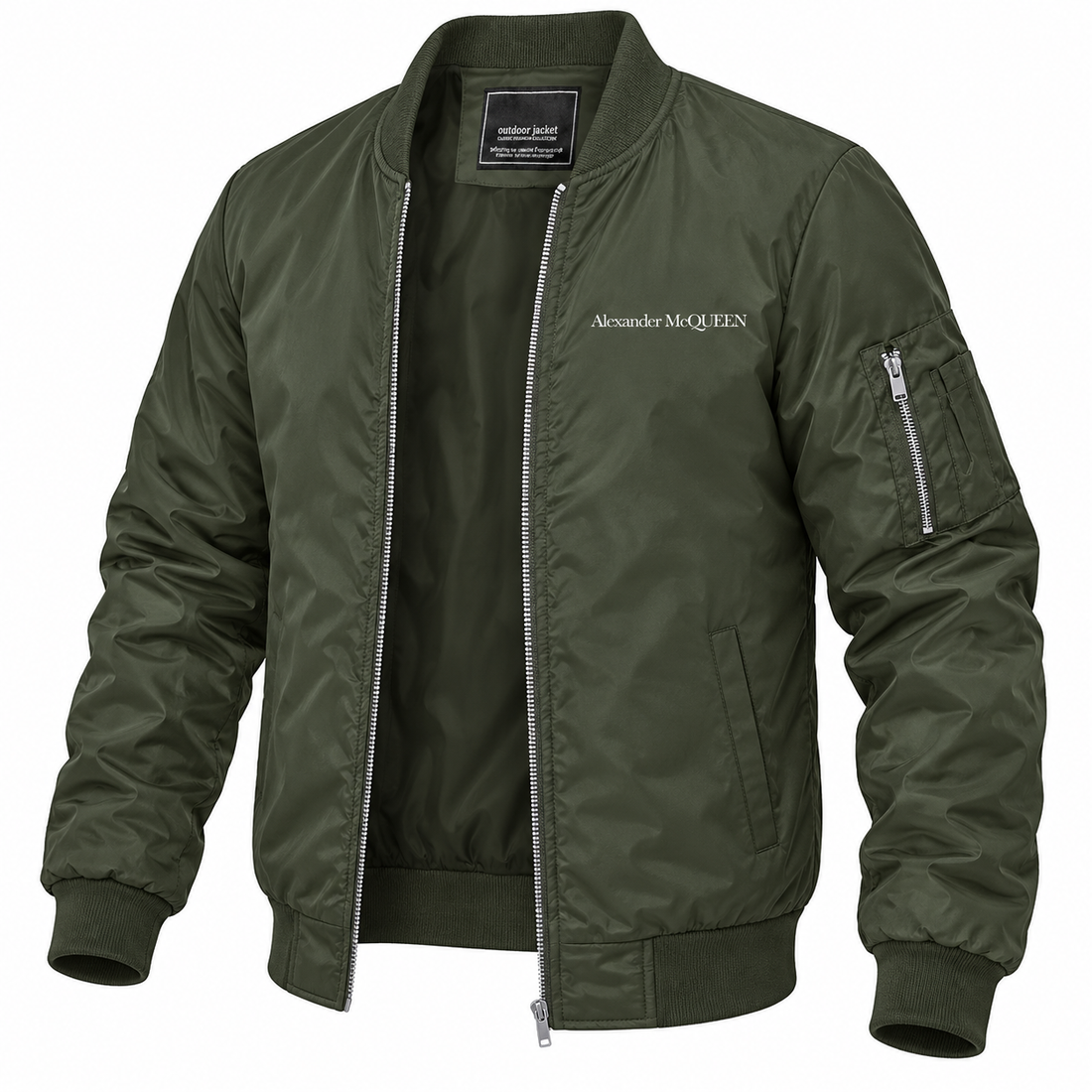 Men's Alexander McQueen Lightweight Bomber Jacket Windbreaker Softshell Varsity Jacket Coat | Color: Army Green | View 5