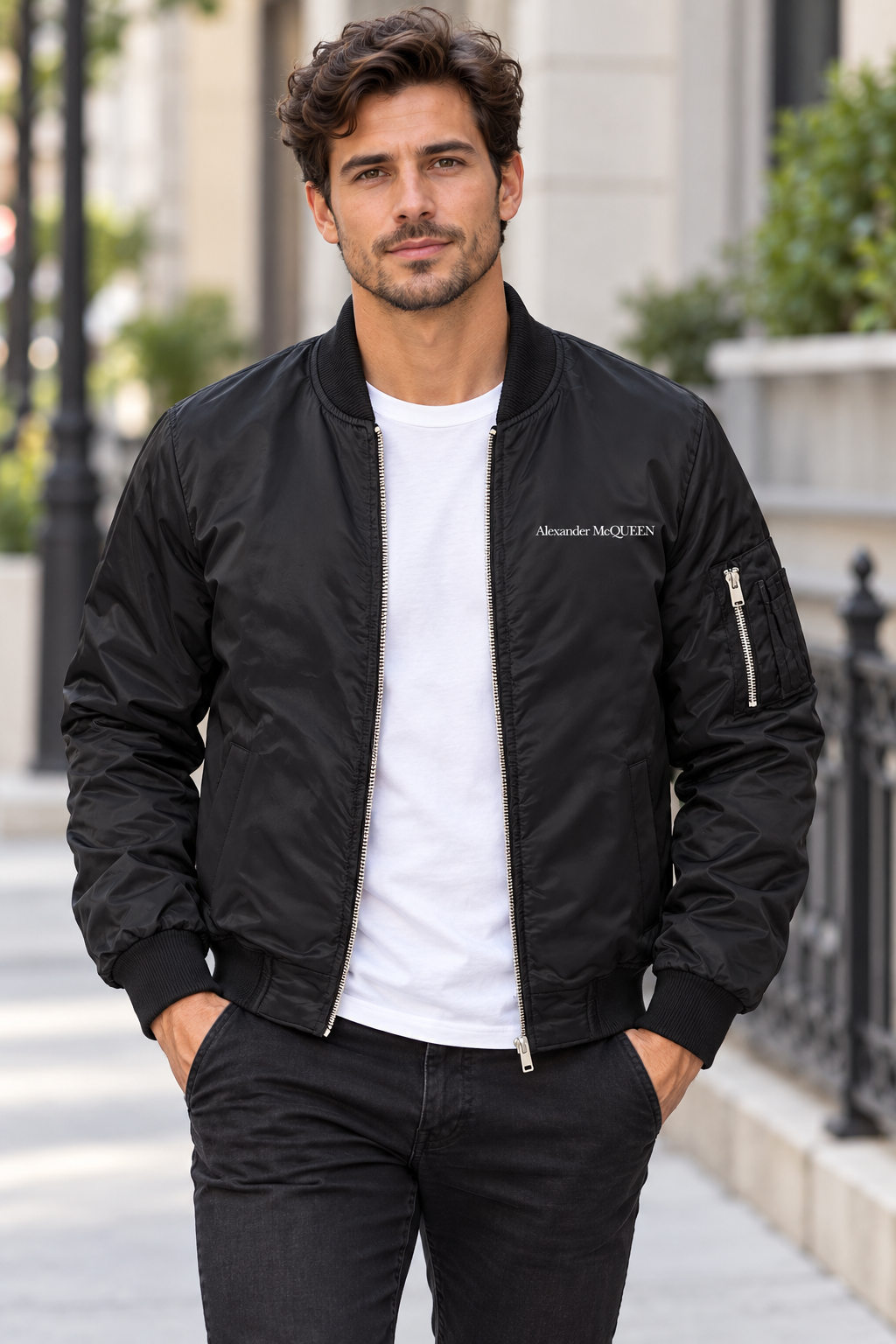 Men's Alexander McQueen Lightweight Bomber Jacket Windbreaker Softshell Varsity Jacket Coat | Color: Black | View 1