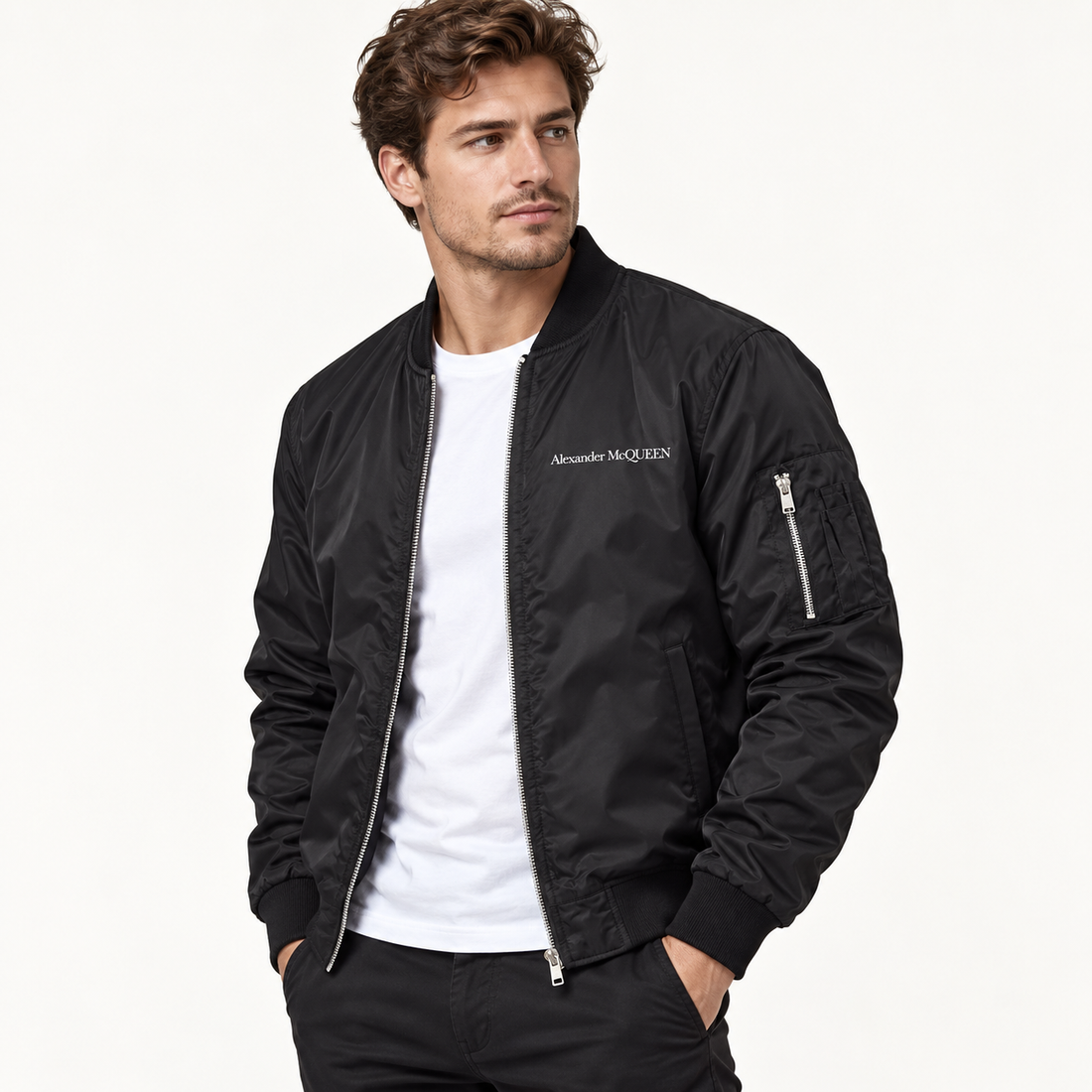 Men's Alexander McQueen Lightweight Bomber Jacket Windbreaker Softshell Varsity Jacket Coat | Color: Black | View 2