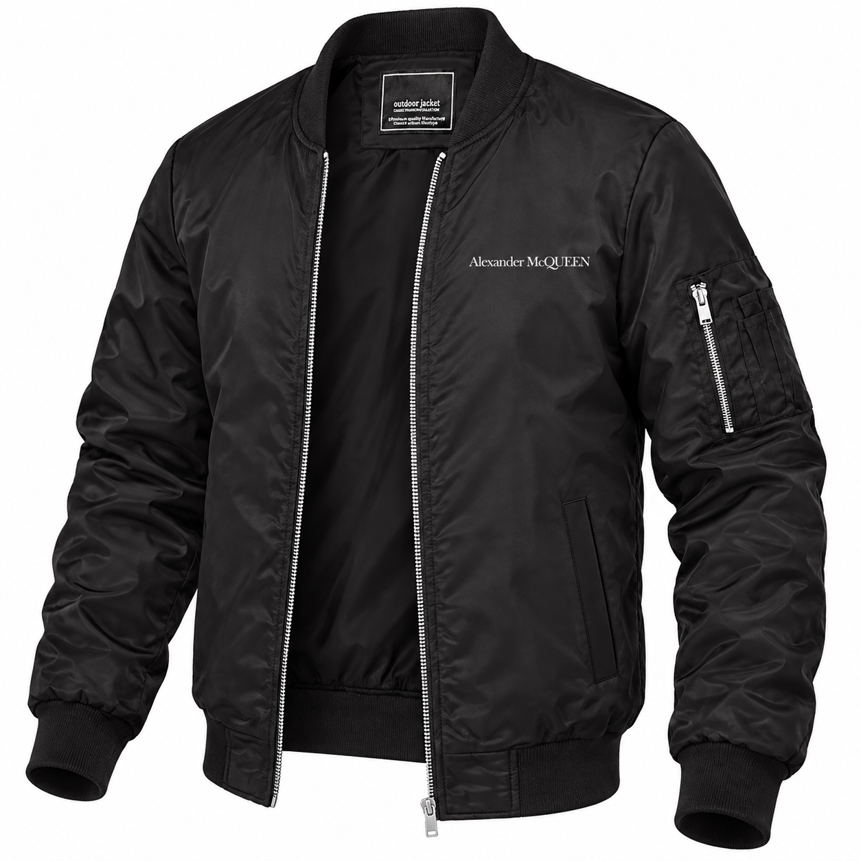 Men's Alexander McQueen Lightweight Bomber Jacket Windbreaker Softshell Varsity Jacket Coat | Color: Black | View 5