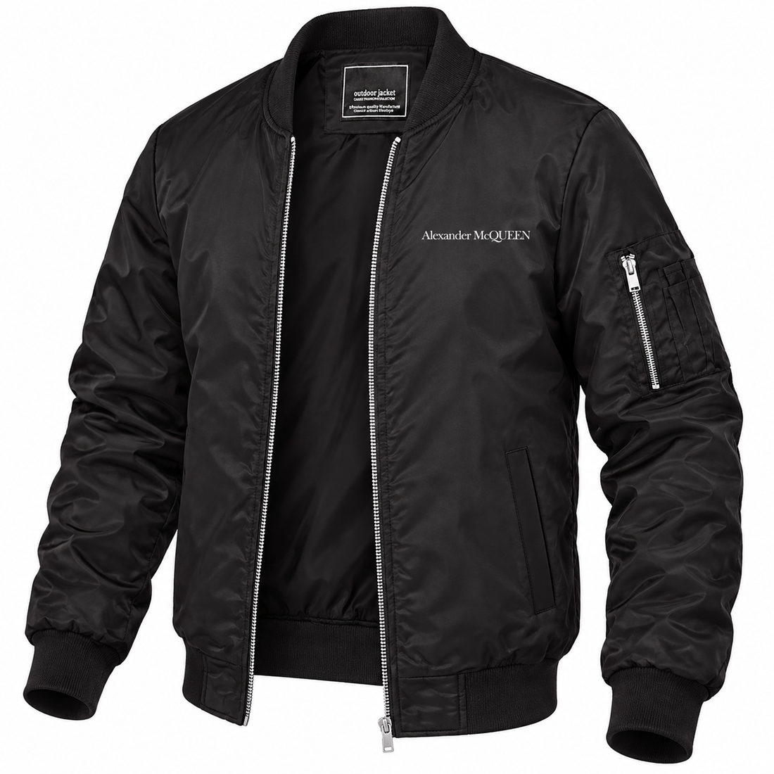 Men's Alexander McQueen Lightweight Bomber Jacket Windbreaker Softshell Varsity Jacket Coat | Color: Black | View 5