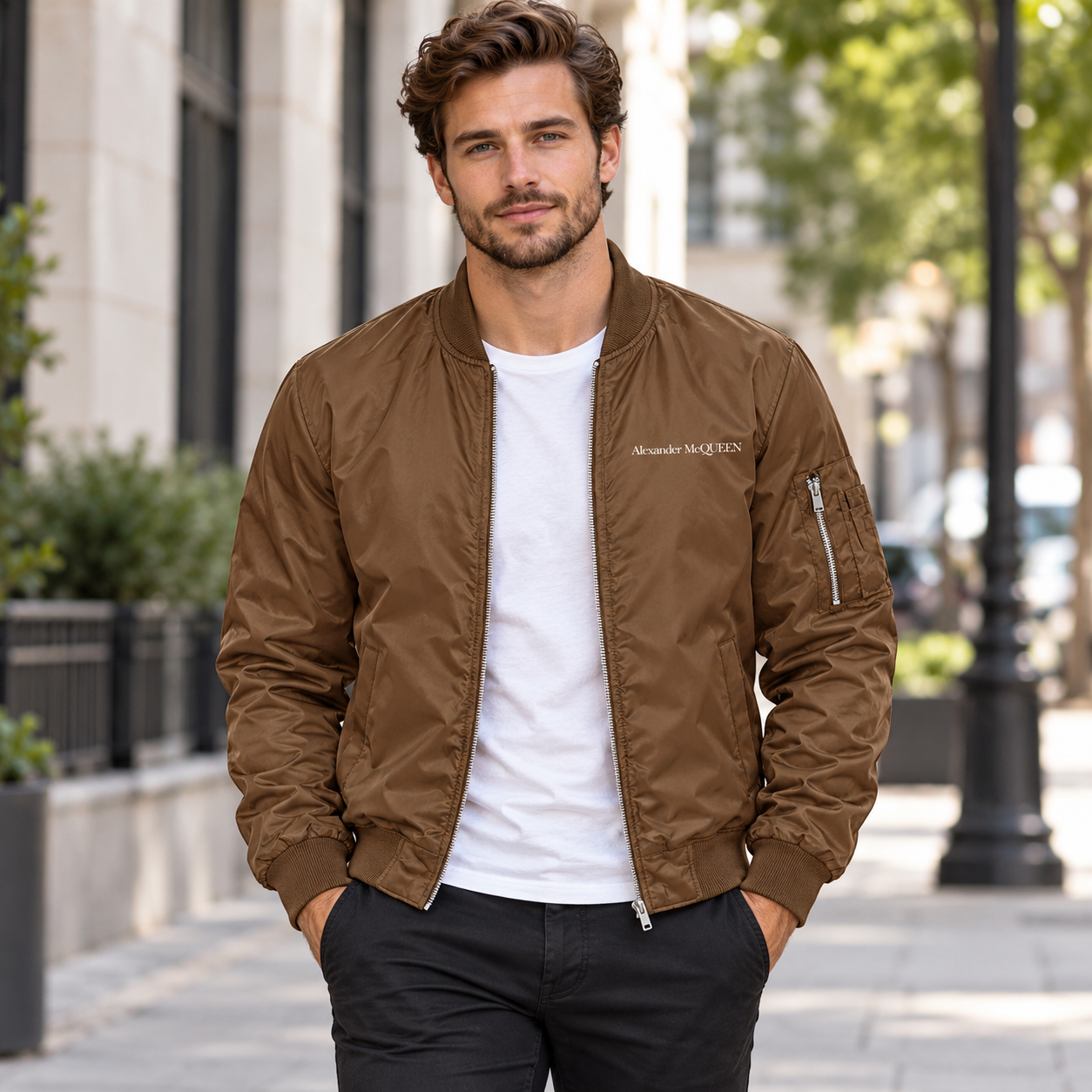 Men's Alexander McQueen Lightweight Bomber Jacket Windbreaker Softshell Varsity Jacket Coat | Color: Brown | View 1