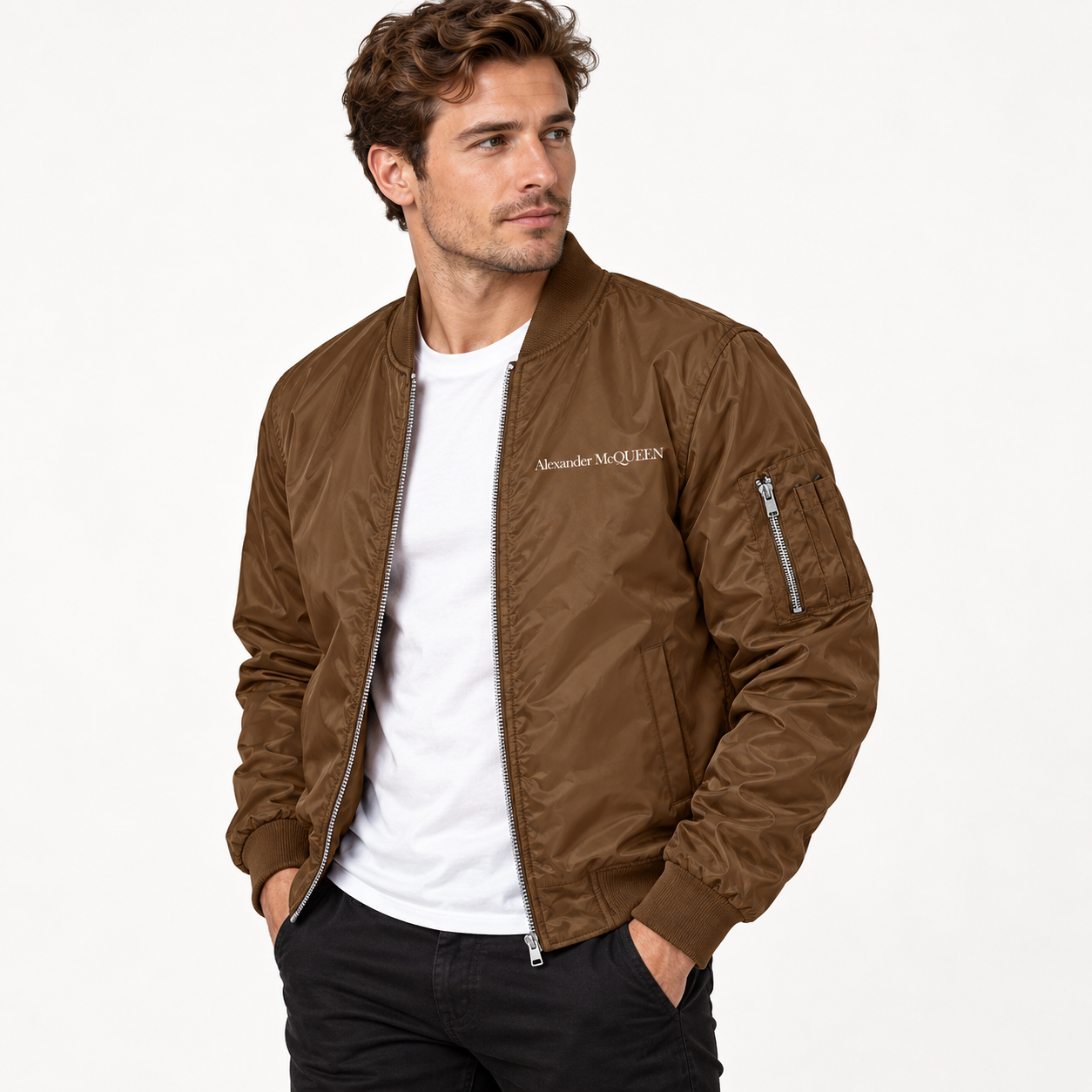Men's Alexander McQueen Lightweight Bomber Jacket Windbreaker Softshell Varsity Jacket Coat | Color: Brown | View 2