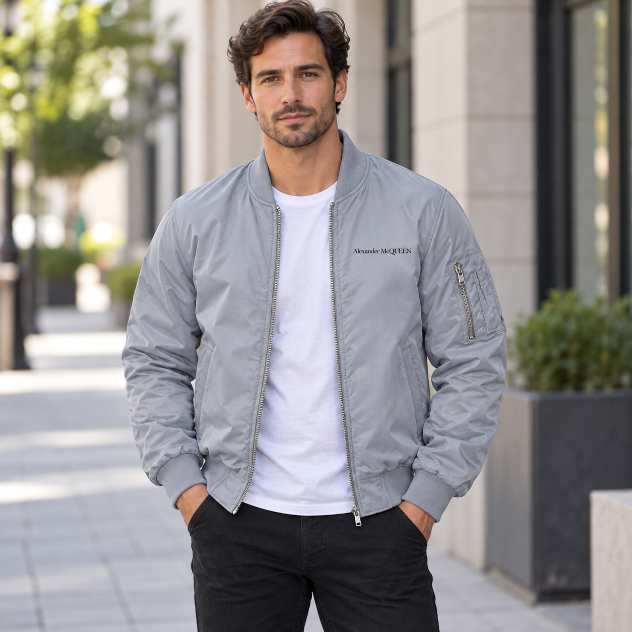 Men's Alexander McQueen Lightweight Bomber Jacket Windbreaker Softshell Varsity Jacket Coat | Color: Grey | View 1