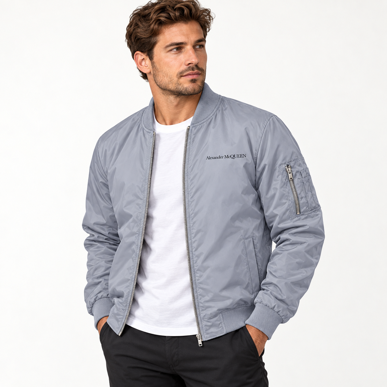 Men's Alexander McQueen Lightweight Bomber Jacket Windbreaker Softshell Varsity Jacket Coat | Color: Grey | View 2