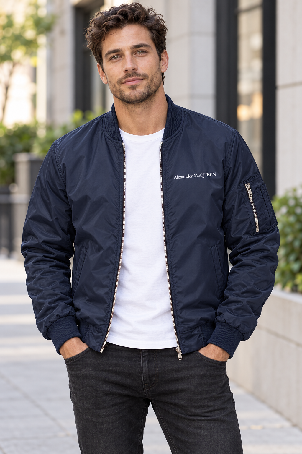 Men's Alexander McQueen Lightweight Bomber Jacket Windbreaker Softshell Varsity Jacket Coat | Color: Navy | View 1
