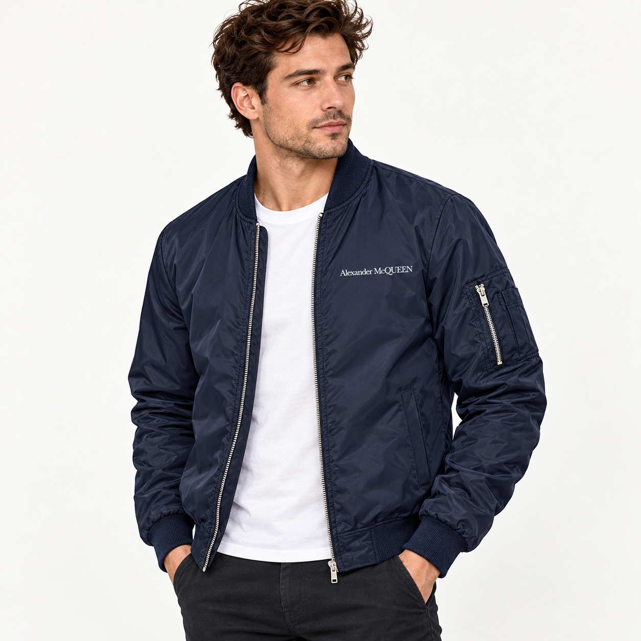 Men's Alexander McQueen Lightweight Bomber Jacket Windbreaker Softshell Varsity Jacket Coat | Color: Navy | View 2