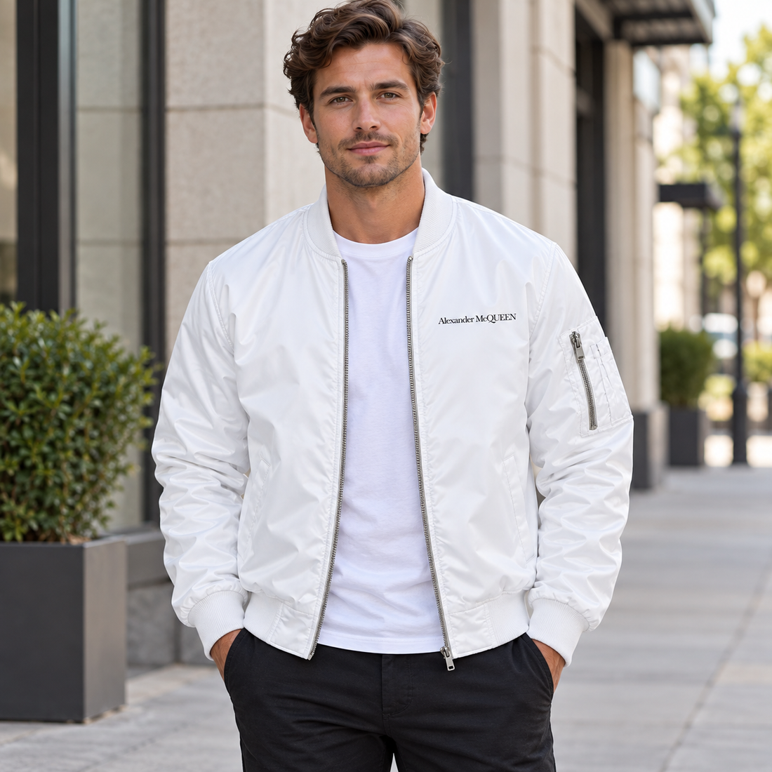 Men's Alexander McQueen Lightweight Bomber Jacket Windbreaker Softshell Varsity Jacket Coat | Color: White | View 1