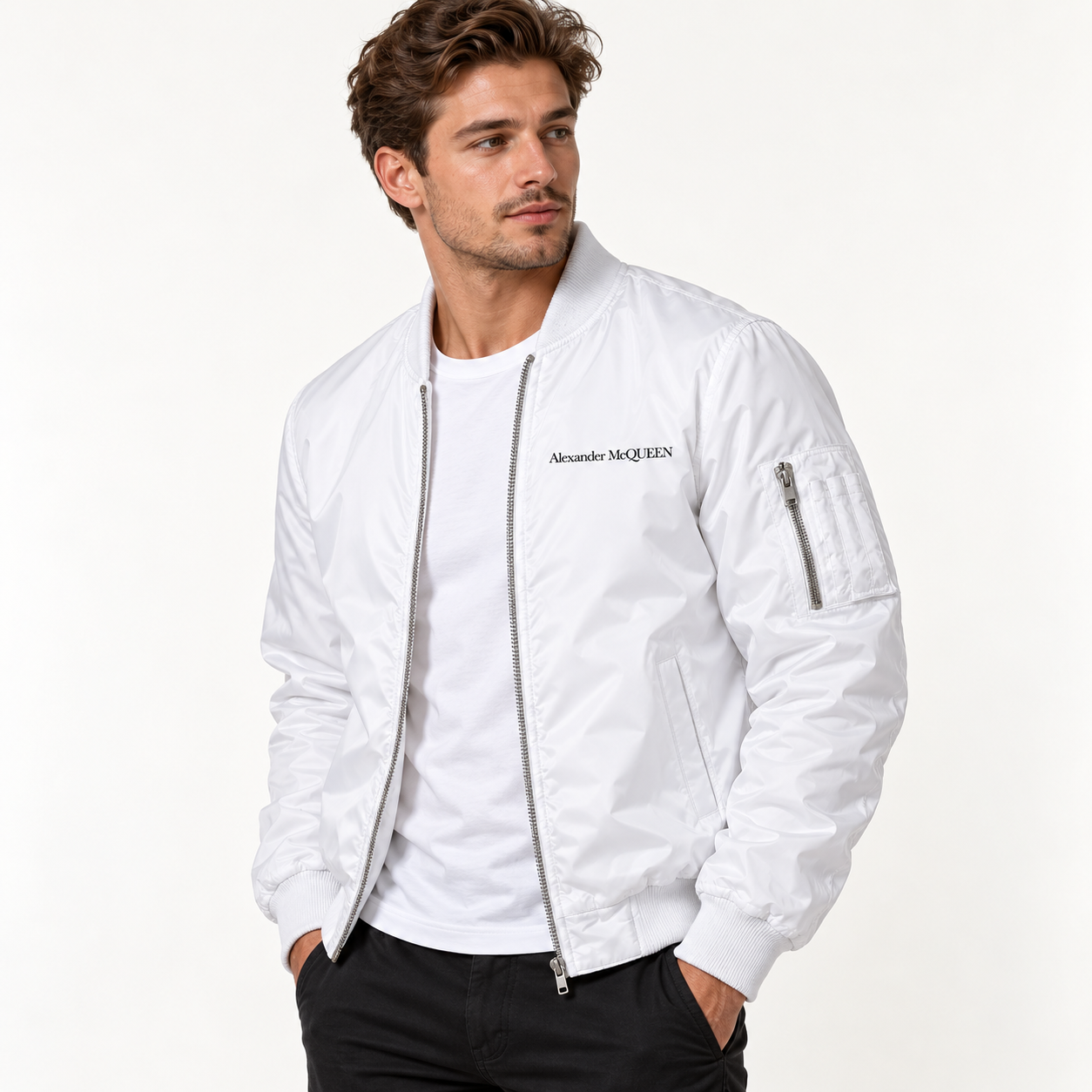 Men's Alexander McQueen Lightweight Bomber Jacket Windbreaker Softshell Varsity Jacket Coat | Color: White | View 2