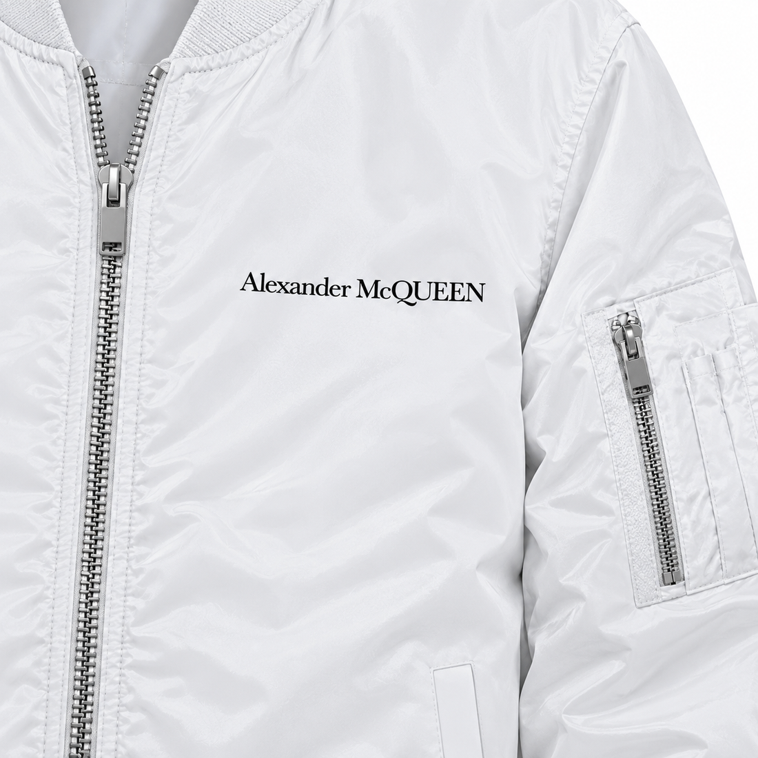 Men's Alexander McQueen Lightweight Bomber Jacket Windbreaker Softshell Varsity Jacket Coat | Color: White | View 3