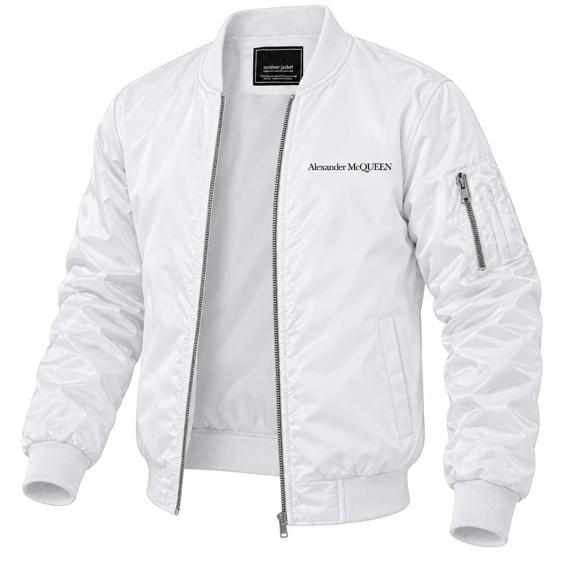 Men's Alexander McQueen Lightweight Bomber Jacket Windbreaker Softshell Varsity Jacket Coat | Color: White | View 5