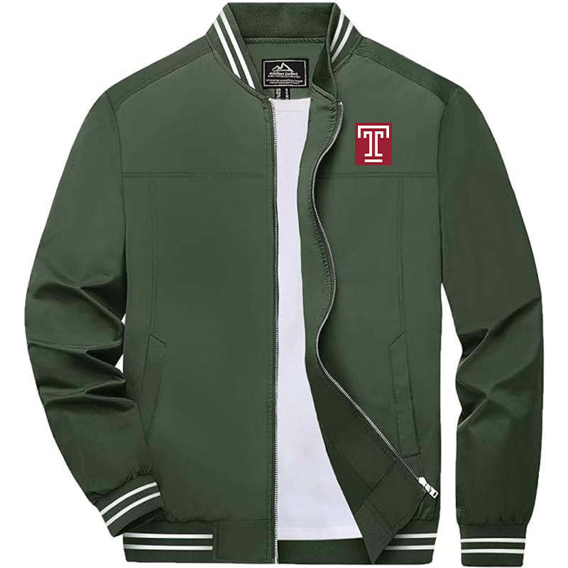 Men's  Temple Owls Zip-Up Bomber Jacket Ribbed Collar and Cuffs Outerwear