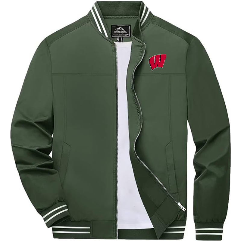Men's Wisconsin Badgers Zip-Up Bomber Jacket Ribbed Collar and Cuffs Outerwear