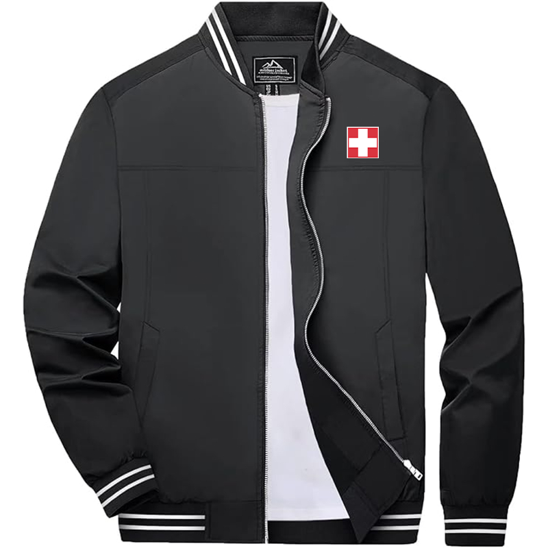 Men'sSwitzerland National Football Soccer Team Lightweight Zip-Up Bomber Jacket  Ribbed Collar and Cuffs Outerwear