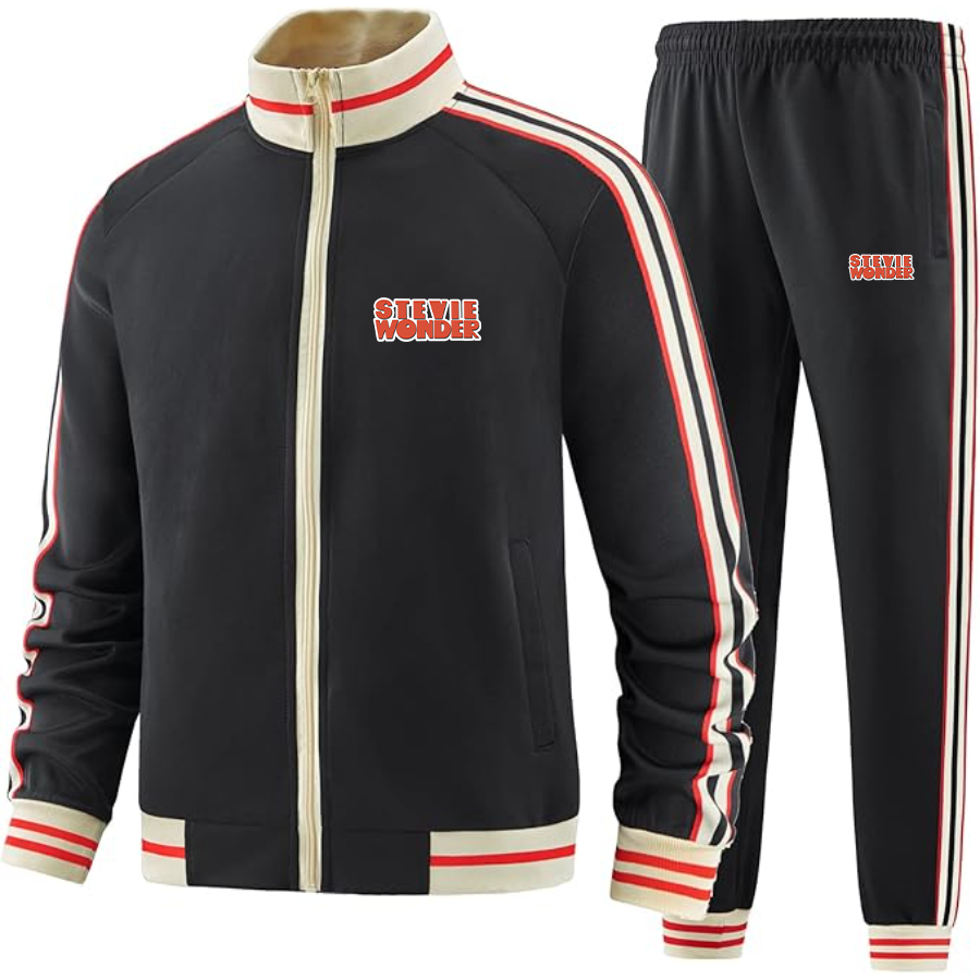 Men's Stevie-Wonder Tracksuit with Bold Striped Accents and Zippered Front