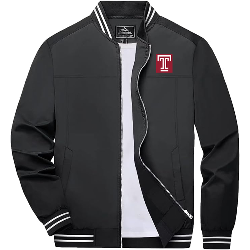 Men's  Temple Owls Zip-Up Bomber Jacket Ribbed Collar and Cuffs Outerwear