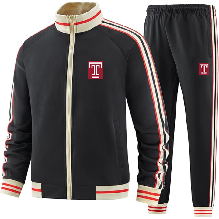 Men's Temple Owls  Tracksuit with Bold Striped Accents and Zippered Front