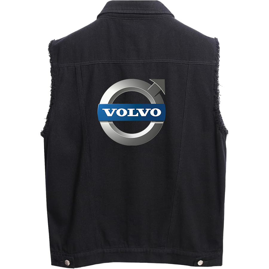 Men's Volvo car Sleeveless Distressed Denim Vest Rugged Black Jean Jacket