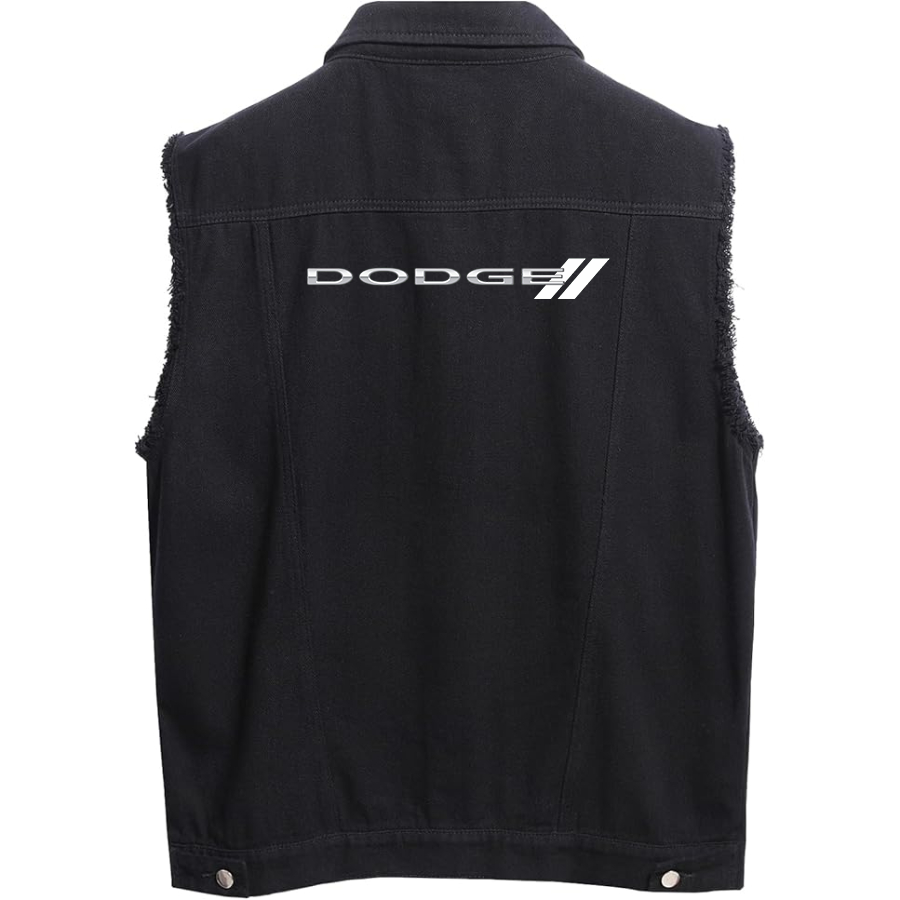 Men's  Dodge Car Sleeveless Distressed Denim Vest Rugged Black Jean Jacket