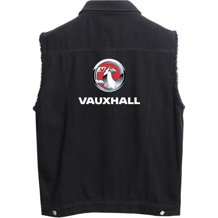 Men's Vauxcall motors Sleeveless Distressed Denim Vest Rugged Black Jean Jacket
