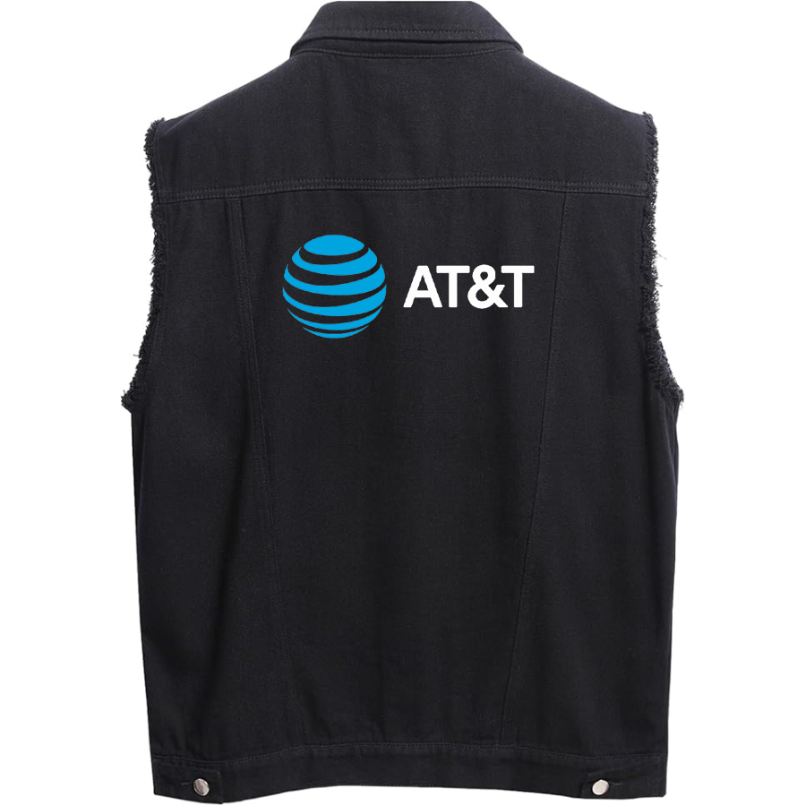 Men's  AT&T Sleeveless Distressed Denim Vest Rugged Black Jean Jacket