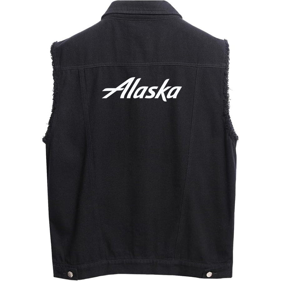 Men's  Alaska Airline Sleeveless Distressed Denim Vest Rugged Black Jean Jacket