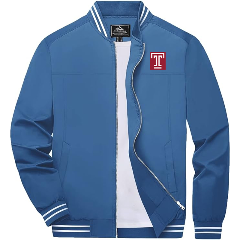 Men's  Temple Owls Zip-Up Bomber Jacket Ribbed Collar and Cuffs Outerwear