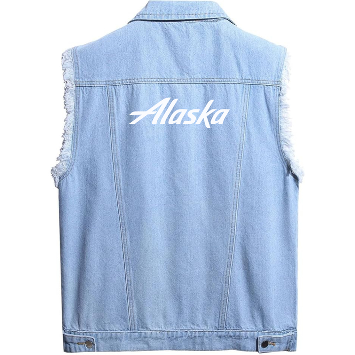 Men's  Alaska Airline Sleeveless Distressed Denim Vest Rugged Black Jean Jacket