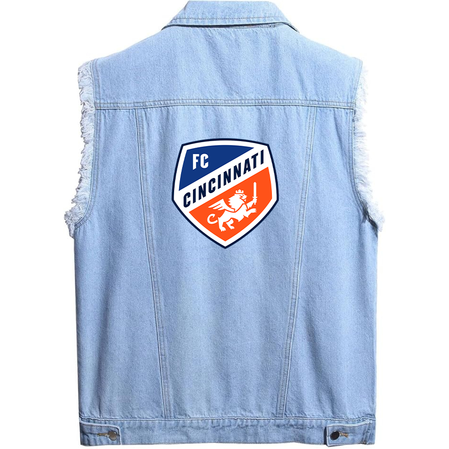 Men's  FC Cincinnati Sleeveless Distressed Denim Vest Rugged Black Jean Jacket