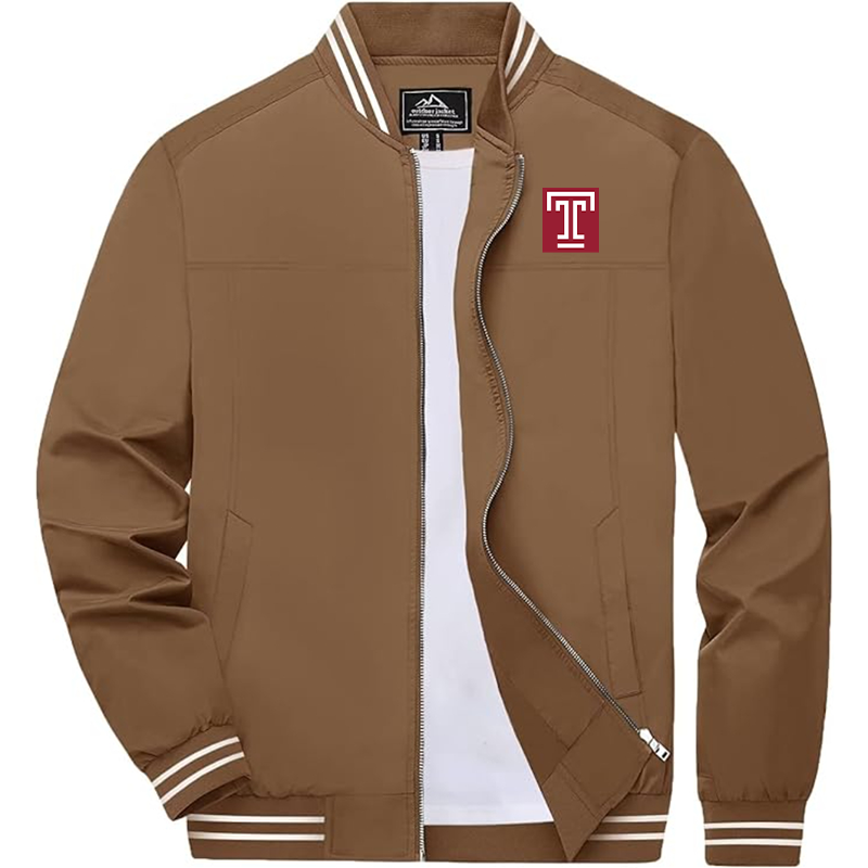 Men's  Temple Owls Zip-Up Bomber Jacket Ribbed Collar and Cuffs Outerwear